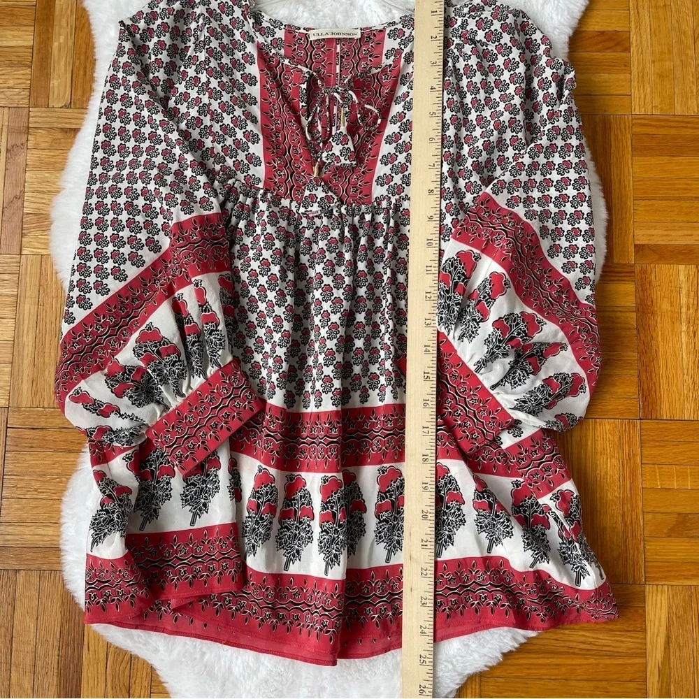ULLA JOHNSON 100% Silk Printed Tie‎ Neck Peasant Blouse Red Black Cream Size 2